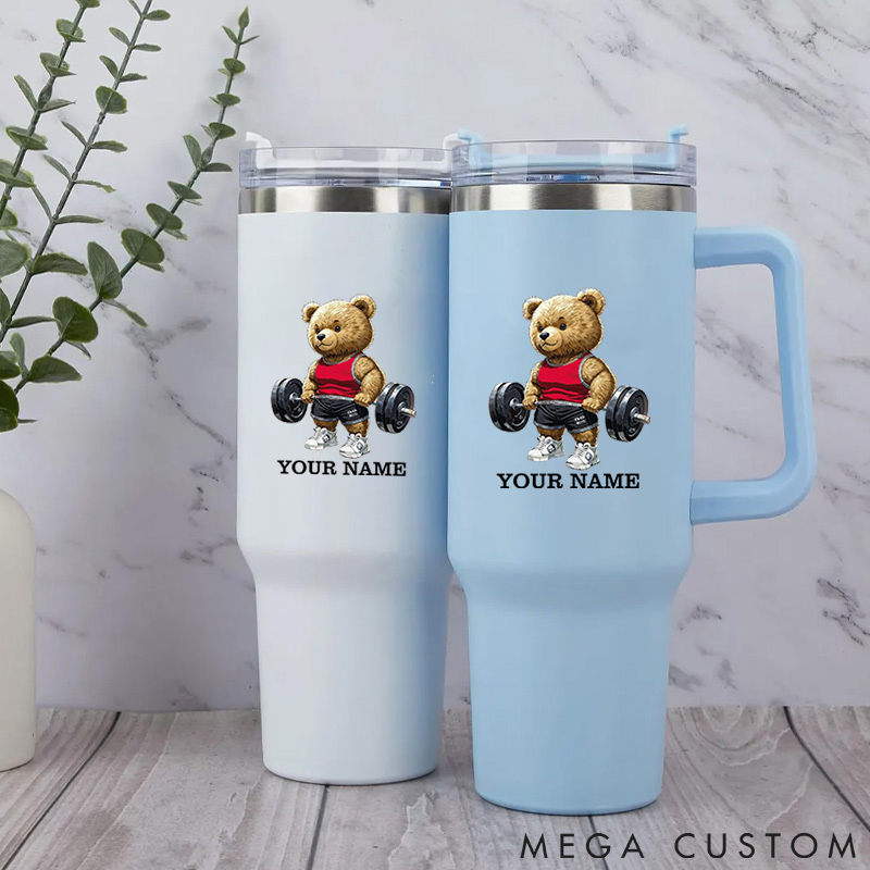 Personalized Handle Tumbler with Cute Weightlifting Teddy Bear Design for Gym Lover Fitness Durable Hot or Cold Drinks
