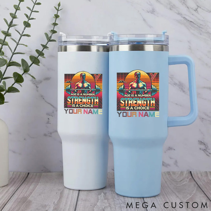 Personalized Handle Tumbler with Vibrant Strength Themed Graphic for Gym Lover Fitness Durable Hot or Cold Drinks