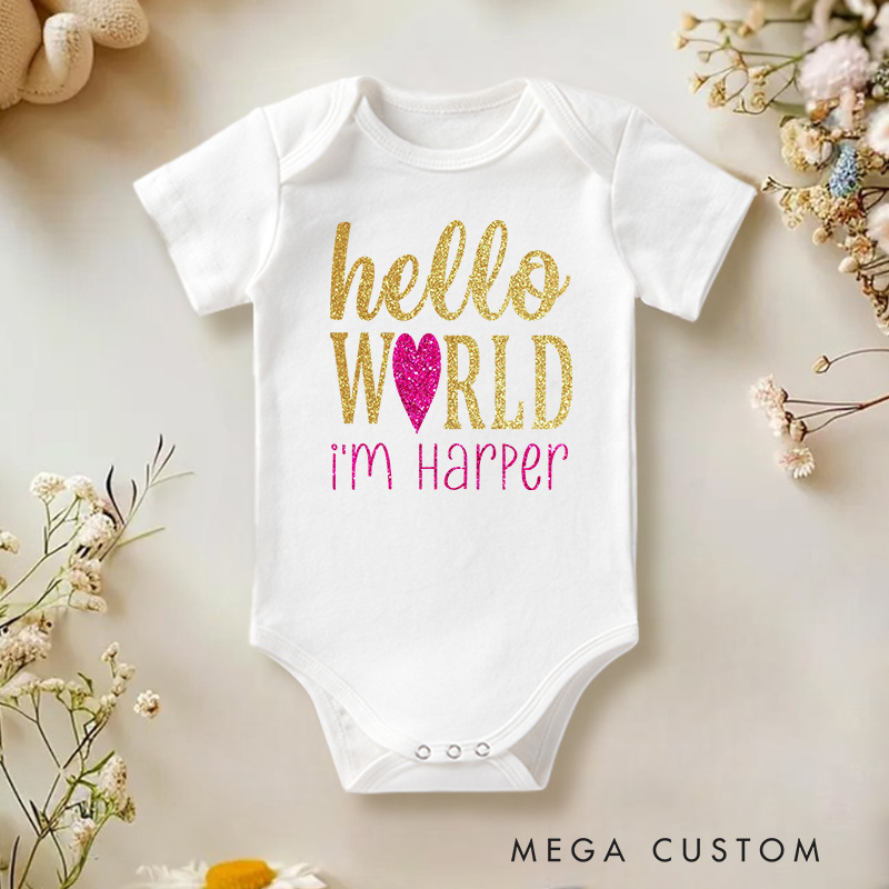 Personalized Hello World Glitter Baby Onesie Baby Announcement Gift
