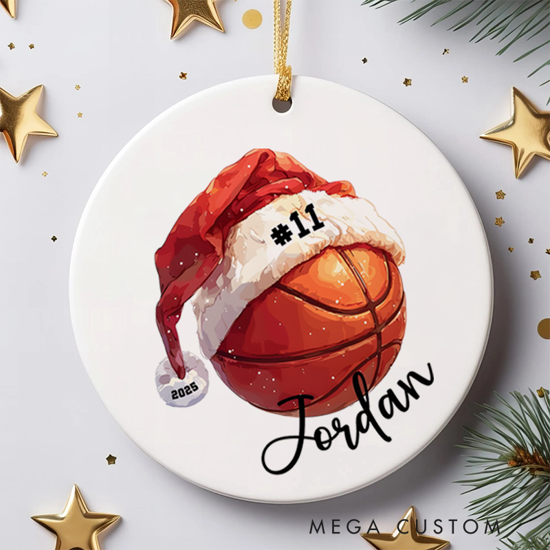 Personalized Basketball Christmas Ornament with Custom Name Number Year and Santa Hat Design