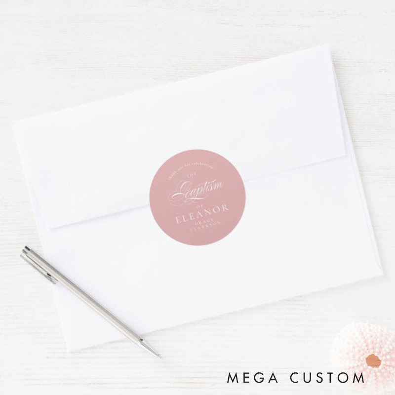 Personalized Pink Elegant Calligraphy Baptism Thank You Classic Round Sticker with Name Religious Gift Baptism Gift