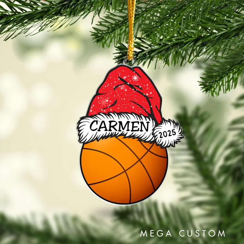 Personalized Basketball Christmas Ornament with Santa Hat, Custom Name, and Year Design