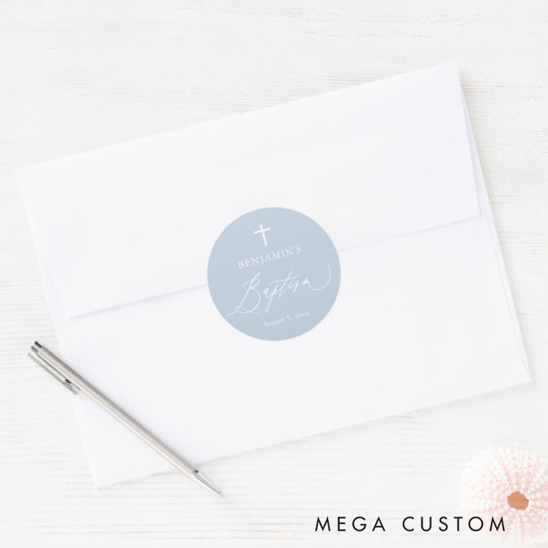 Personalized Dusty Blue White Cross Boy Baptism Round Sticker with Name and Date Religious Gift Baptism Gift