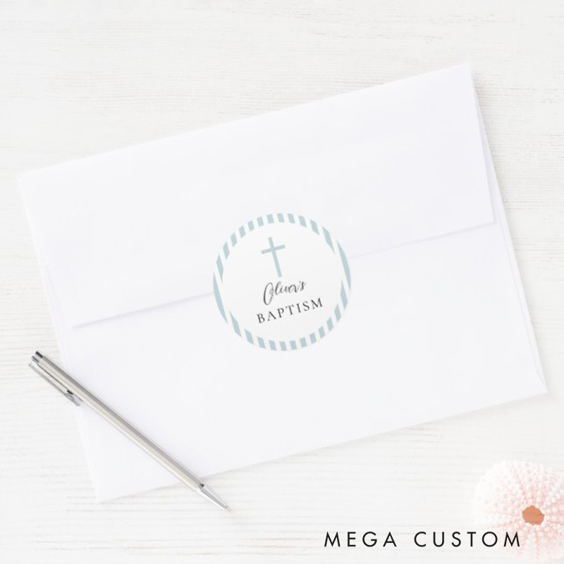 Personalized Blue White Striped Boy Baptism Classic Round Sticker with Name and Date Religious Gift Baptism Gift