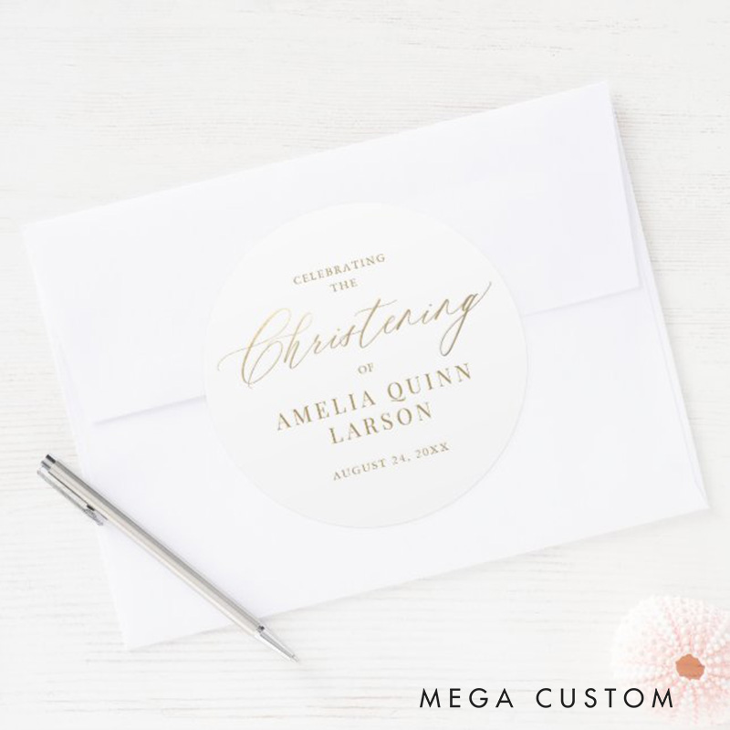 Personalized Simple Elegant Gold Calligraphy Script Christening Classic Round Sticker with Name and Date Religious Gift Baptism Gift