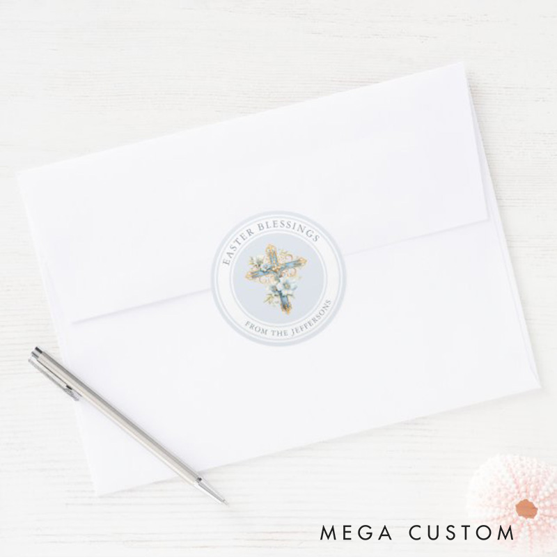 Personalized Blue Floral Cross Religious Easter Blessings Classic Round Sticker with Name Religious Gift First Easter Gift