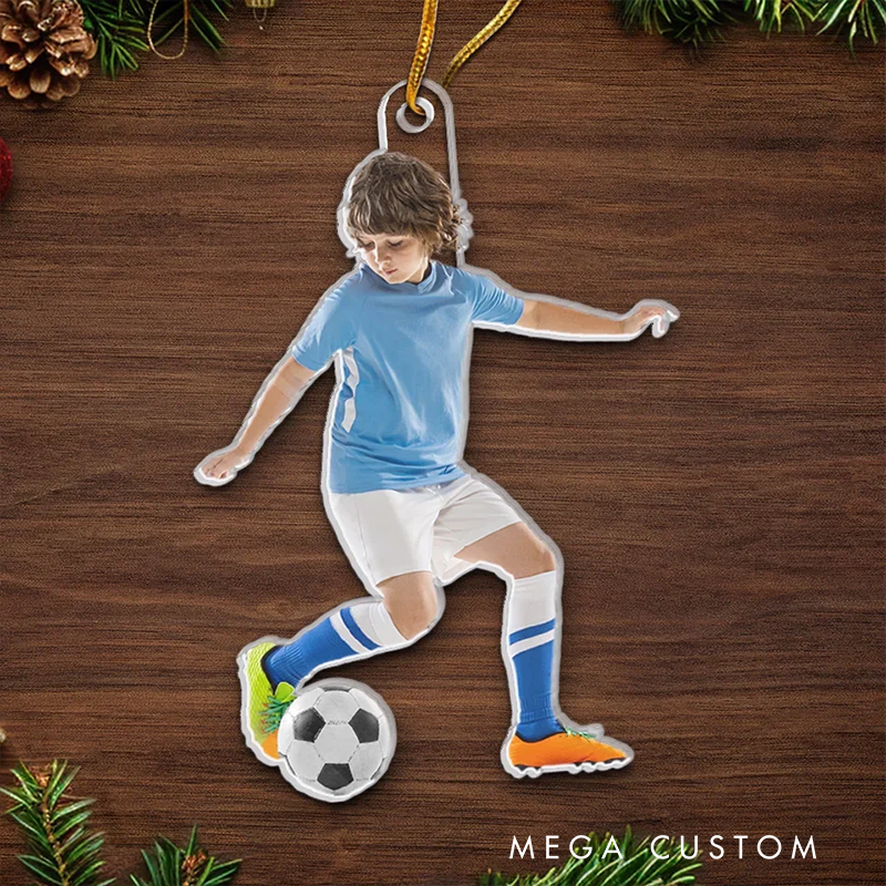 Personalized Soccer Player Acrylic Christmas Ornament with Custom Photo Design