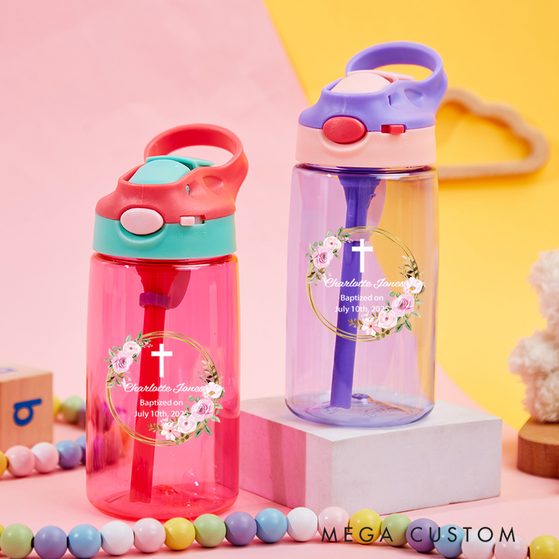 Personalized Floral Wreath Cross Name Water Bottle with Silicone Straw and Lid First Communion Baptism Gift for Christians