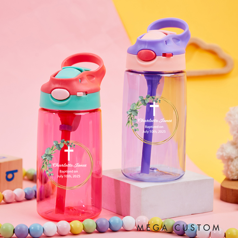 Personalized Leaf Wreath Cross Name Water Bottle with Silicone Straw and Lid First Communion Baptism Gift for Christians