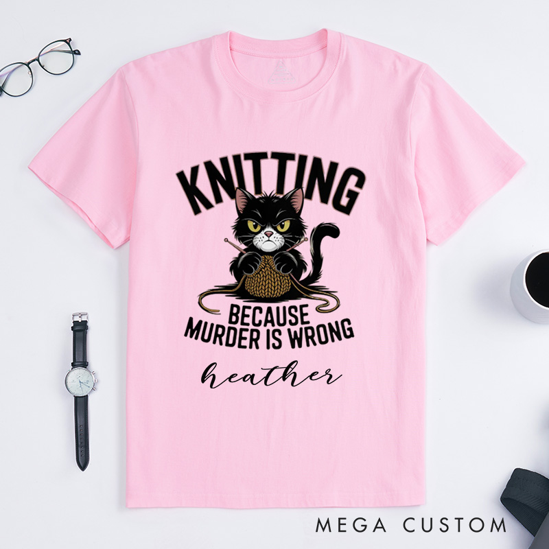 Personalized Funny Cat Knitting Classic T-Shirts Humorous Knitter Enthusiast Tee Knit T-Shirt Custom Gift 