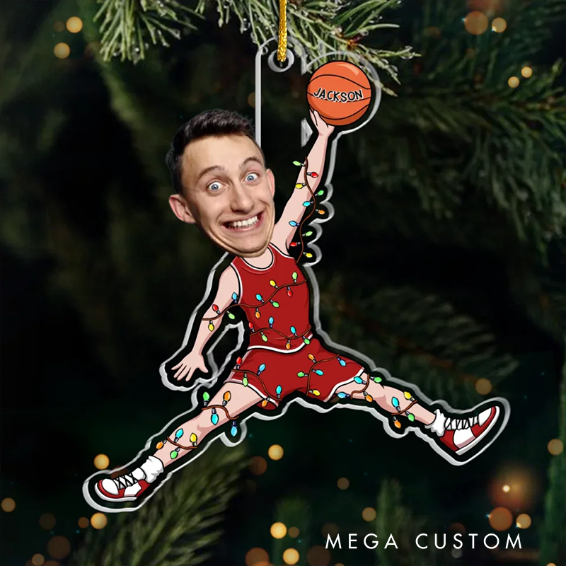 Personalized Acrylic Basketball Player Christmas Ornament with Custom Face and Name Design