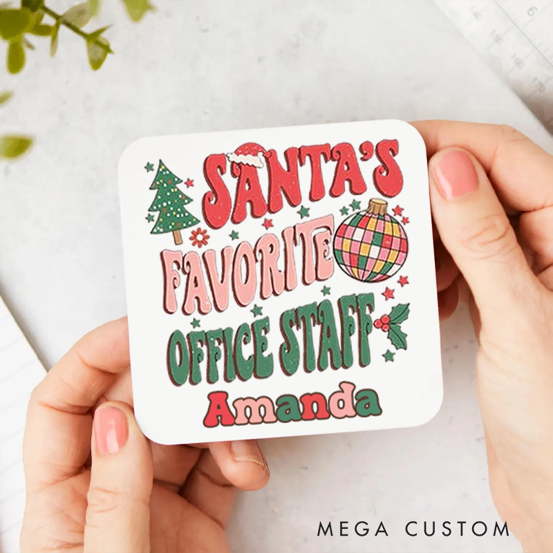 Personalized Coasters for Office Worker Santa's Favorite Office Staff with Christmas Trees Stars and Santa Hat Appreciation Gift for Coworkers