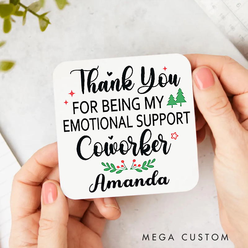Personalized Coasters for Office Worker Thank You for Being My Emotional Support Coworker with Christmas Elements Appreciation Gift for Coworkers