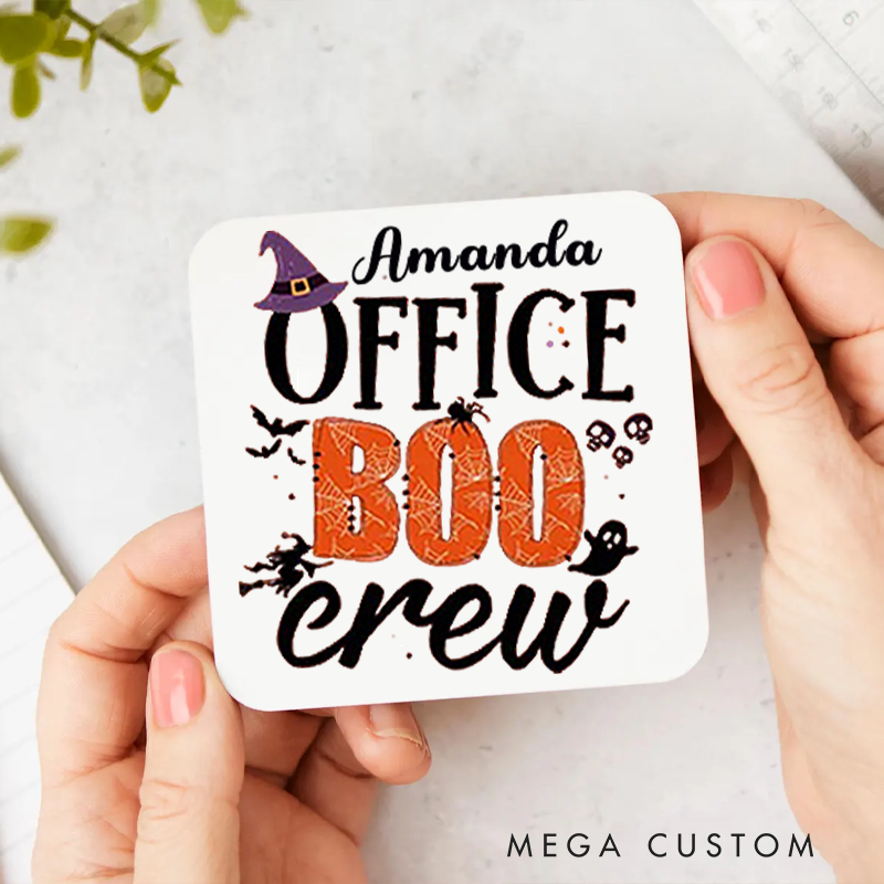 Personalized Coasters for Office Worker Office Boo Crew with Bats Spiderweb and Spider Halloween Elements Appreciation Gift for Coworkers