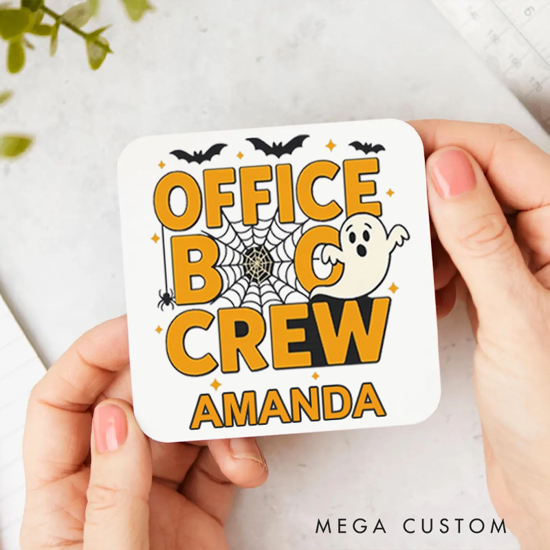 Personalized Coasters for Office Worker Office Boo Crew with Bats Spiderweb Spider and Small Stars Halloween Elements Appreciation Gift for Coworkers