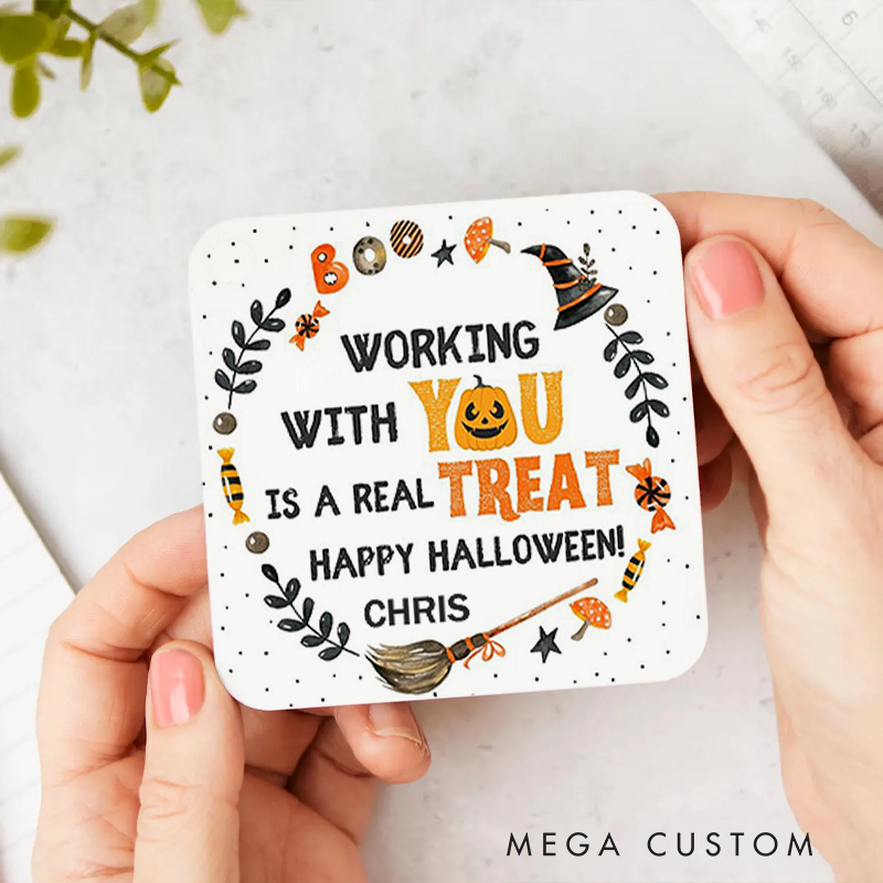 Personalized Coasters for Office Worker Happy Halloween Working with You Is a Real Treat Appreciation Gift for Coworkers