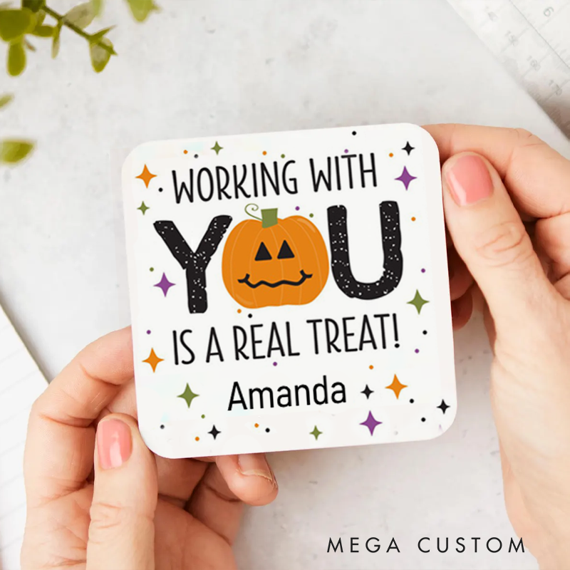 Personalized Coasters for Office Worker a Pumpkin Working With You Is a Real Treat Appreciation Gift for Coworkers