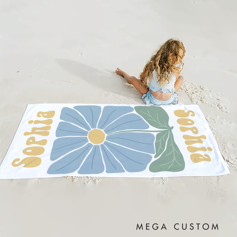 Personalized Blue Floral Quick Dry Oversized Beach Towel with Name Summer Vacation Pool Party Gifts for Kids