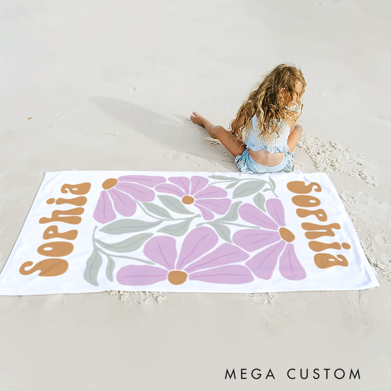 Personalized Purple Floral Quick Dry Oversized Beach Towel with Name Summer Vacation Pool Party Gifts for Kid