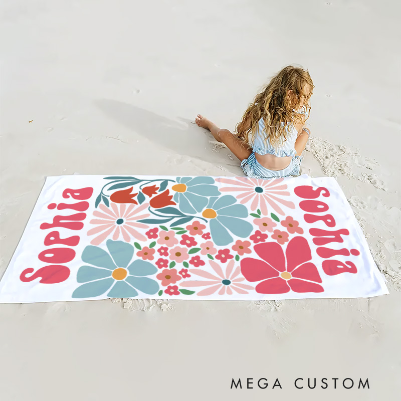 Personalized Floral Quick Dry Oversized Beach Towel with Name Summer Vacation Pool Party Gifts for Kid
