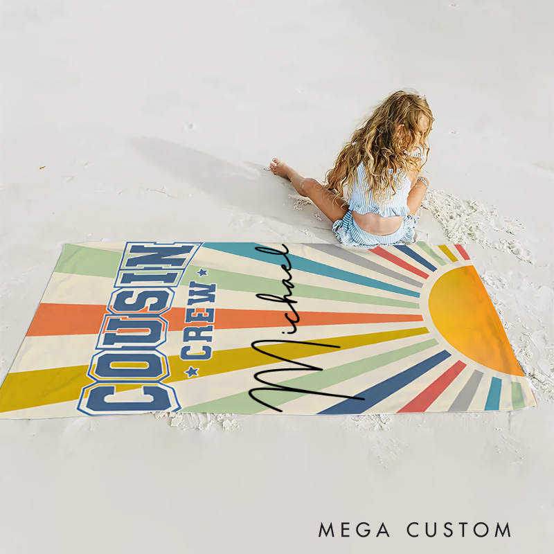 Personalized Cousin Crew Vintage Sunray Kids Beach Towel with Name Beach Party Travel Gift