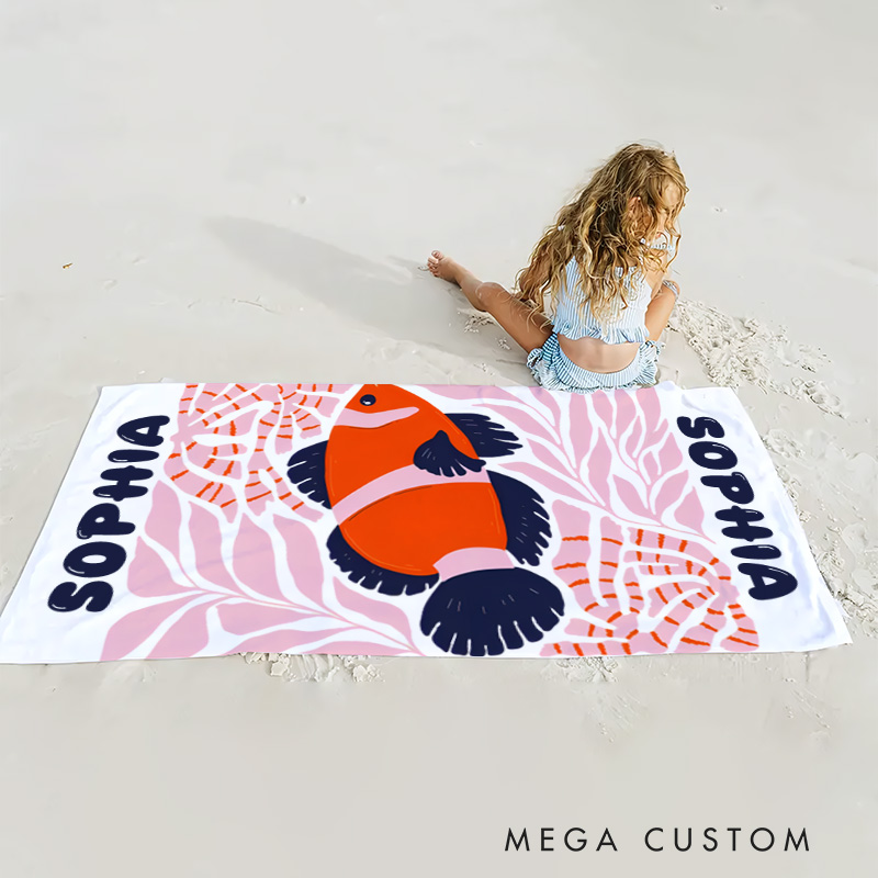 Personalized Red Fish Marine Life Art Illustration Kids Beach Towel with Name Summer Vacation Travel Gift for Kids
