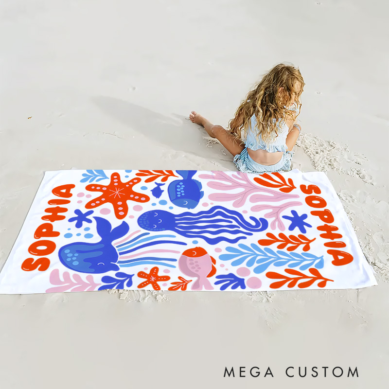 Personalized Marine Life Art Illustration Kids Beach Towel with Name Summer Vacation Travel Gift for Kids