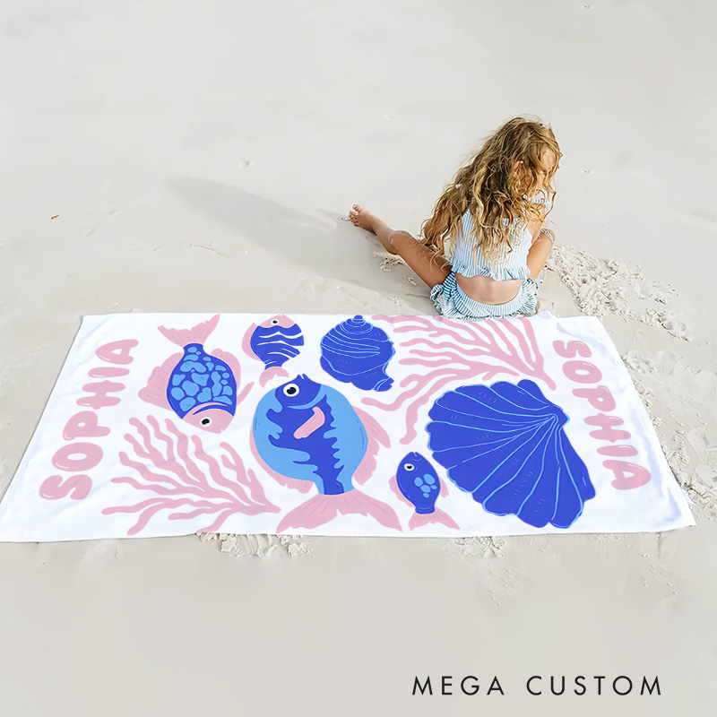 Personalized Fish Life Art Illustration Kids Beach Towel with Name Summer Vacation Travel Gift for Kids