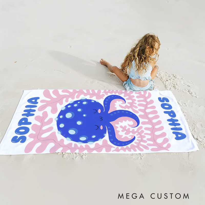 Personalized Octopus Life Art Illustration Kids Beach Towel with Name Summer Vacation Travel Gift for Kids
