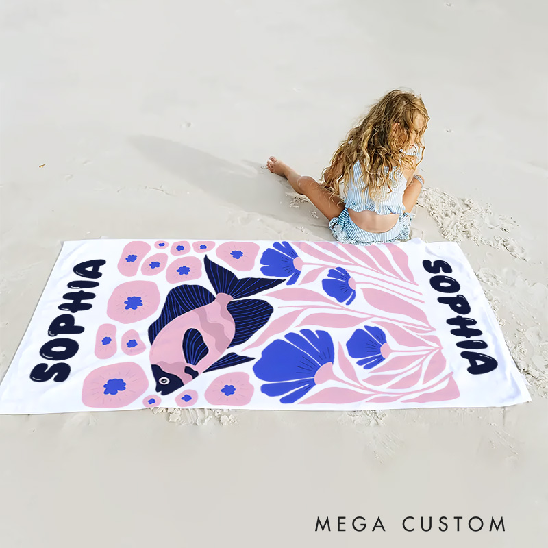 Personalized Pink Fish Life Art Illustration Kids Beach Towel with Name Summer Vacation Travel Gift for Kids