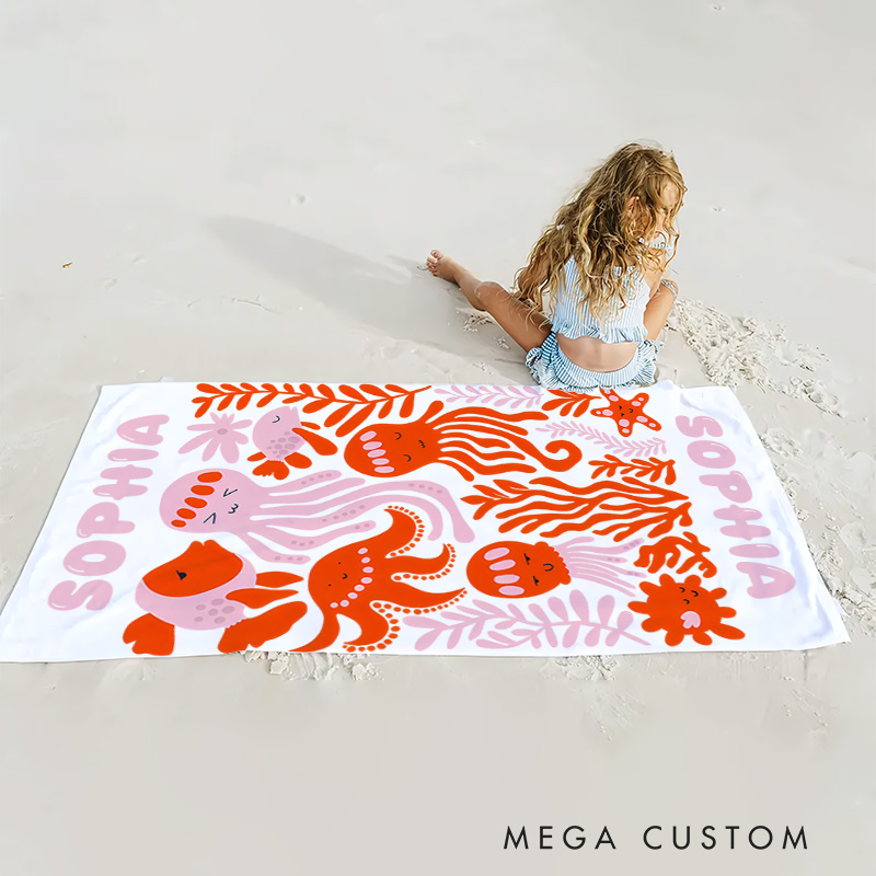 Personalized Pink Octopus Life Art Illustration Kids Beach Towel with Name Summer Vacation Travel Gift for Kids