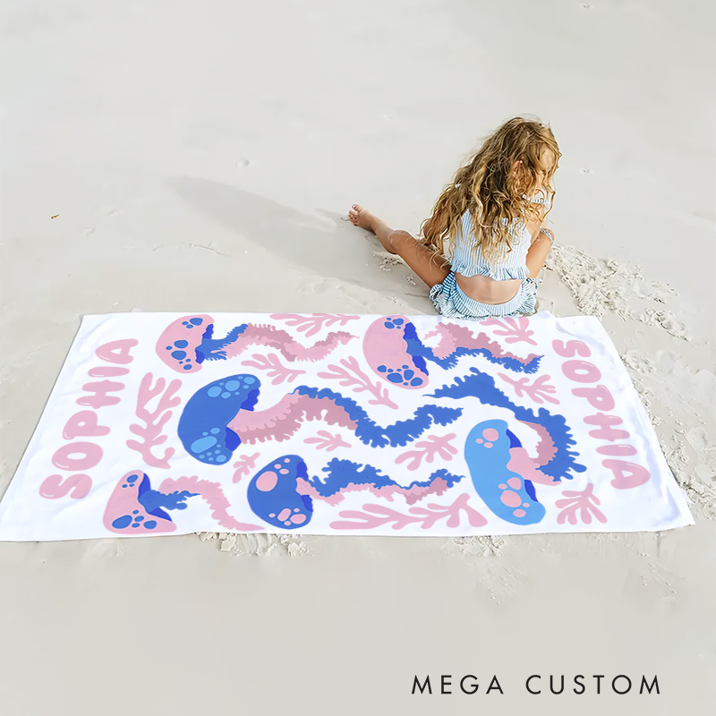 Personalized Jellyfish Life Art Illustration Kids Beach Towel with Name Summer Vacation Travel Gift for Kids