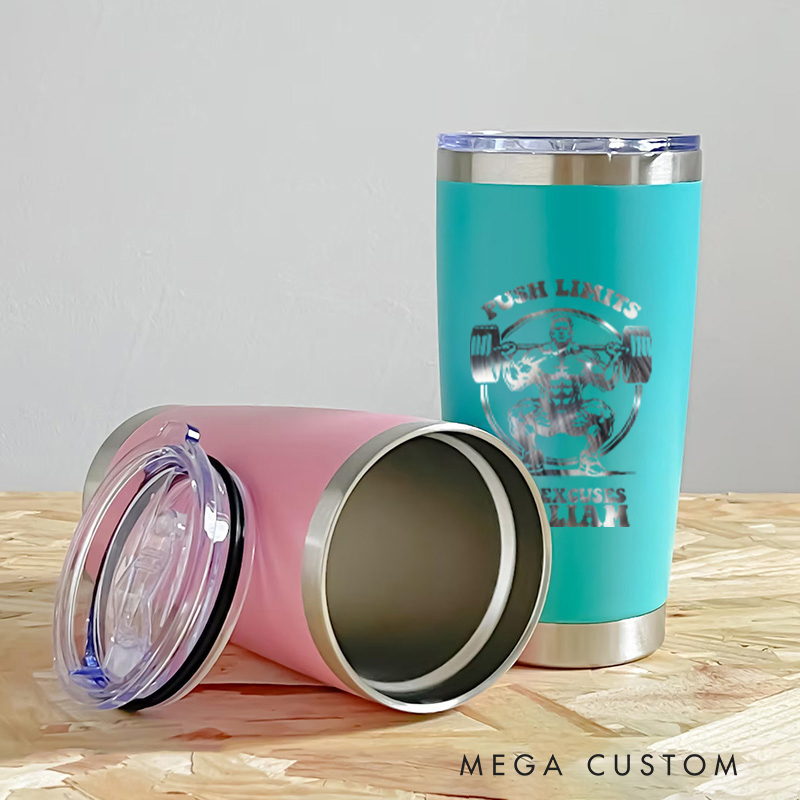 Personalized Fitness Tumbler Coffee Stainless Steel Tumbler with Push Limits No Excuses Weightlifting Design for Fitness Enthusiasts Bodybuilders and Gym Lovers