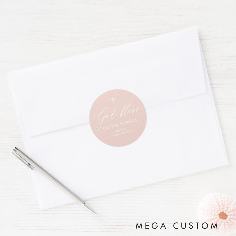 Personalized God Bless Dusty Pink White Cross Girl Religious Baptism Classic Round Sticker with Name and Date Religious Gift Baptism Gift