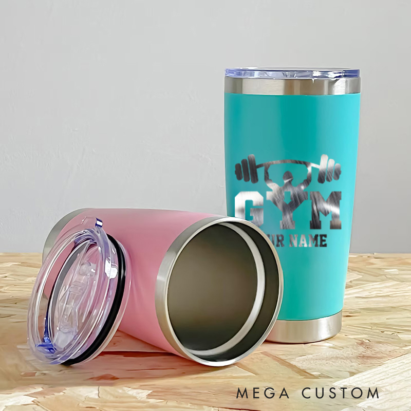 Personalized Fitness Tumbler Coffee Stainless Steel Tumbler with GYM Logo with Barbell Artwork for Fitness Enthusiasts Bodybuilders and Gym Lovers