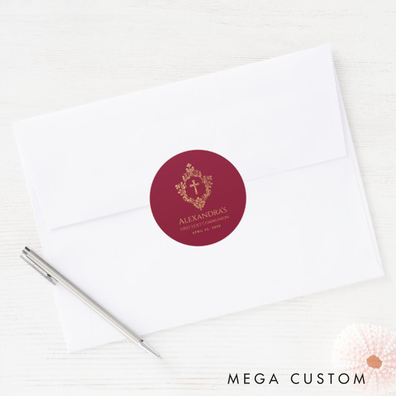 Personalized Girl First Communion Burgundy Gold Crest Religious Classic Round Sticker with Name and Date Religious Gift First Communion Gift