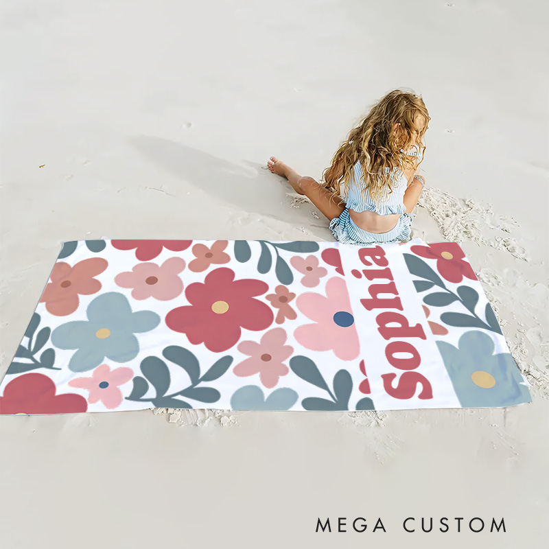 Personalized Red Danish Flower Kids Beach Towel with Name Beach Party Travel Birthday Gift for Kids
