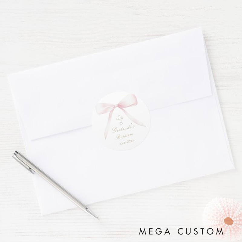 Personalized Baptism Pink Bow Girl Classic Round Sticker with Name and Date Religious Gift Baptism Gift