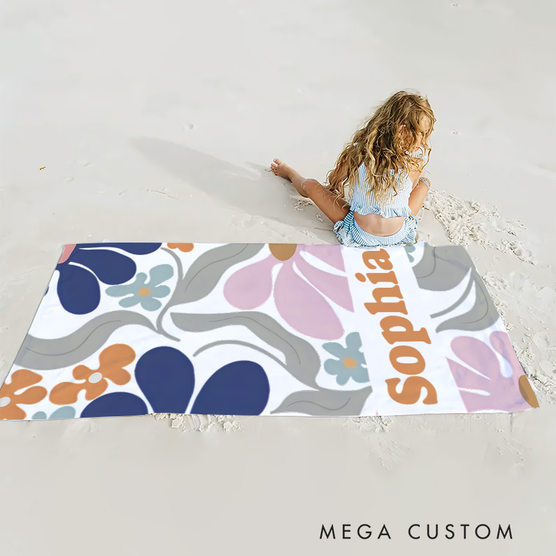 Personalized Navy Danish Flower Kids Beach Towel with Name Beach Party Travel Birthday Gift for Kids