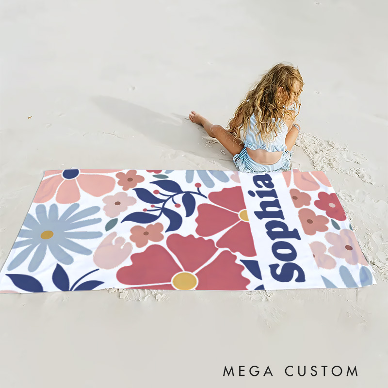 Personalized Pink Danish Flower Kids Beach Towel with Name Beach Party Travel Birthday Gift for Kids