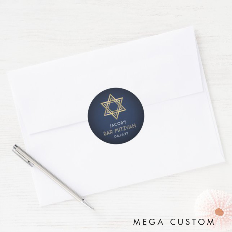 Personalized Bar Mitzvah Navy Blue White & Gold Star of David Classic Round Sticker with Name and Date Religious Gift Bar Mitzvah Gift
