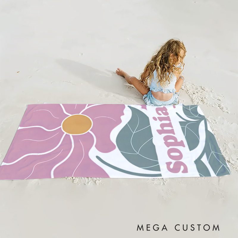 Personalized Purple Danish Flower Kids Beach Towel with Name Beach Party Travel Birthday Gift for Kids
