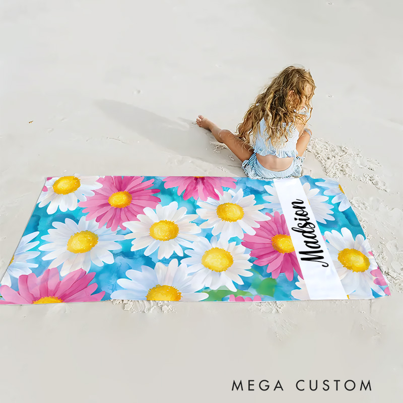 Personalized Watercolor Floral Stripe Kids Beach Towel with Name Beach Party Summer Vacation Gift for Kids