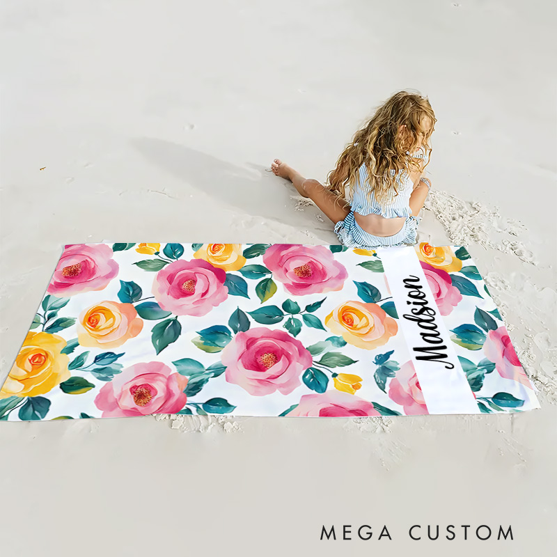 Personalized Pink Watercolor Floral Stripe Kids Beach Towel with Name Beach Party Summer Vacation Gift for Kids