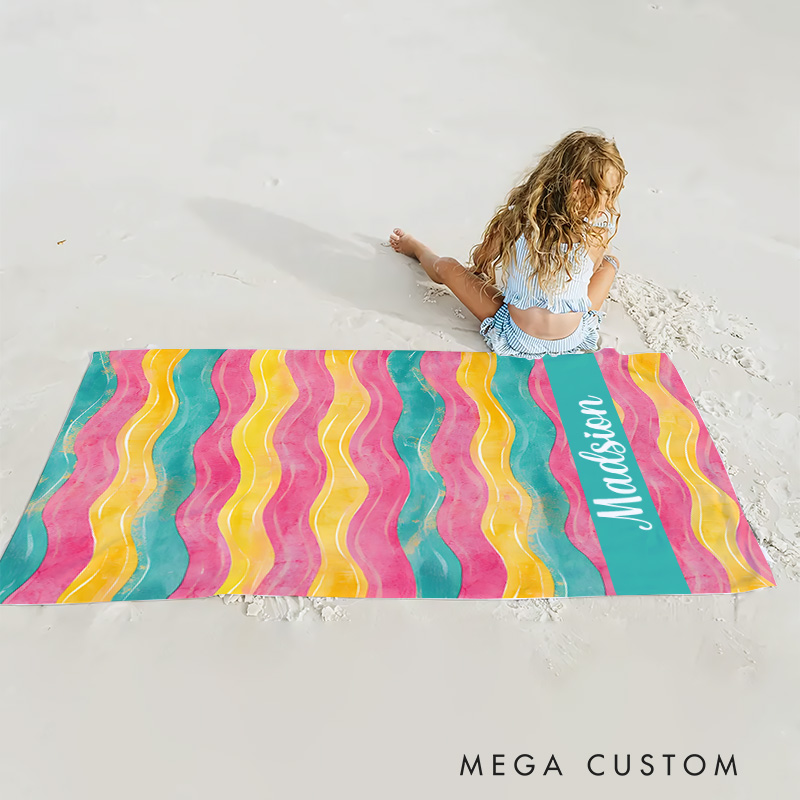 Personalized  Watercolor Floral Pink and Blue Stripe Kids Beach Towel with Name Beach Party Summer Vacation Gift for Kids