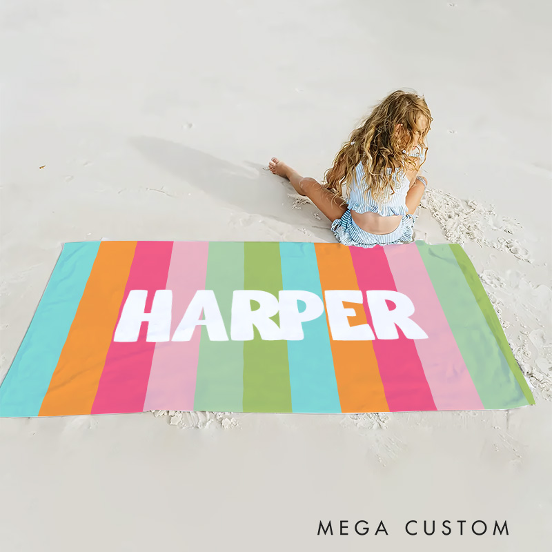 Personalized Colorful Stripe Kids Beach Towel with Name Travel Essentials Summer Holiday Party Gift for Kids