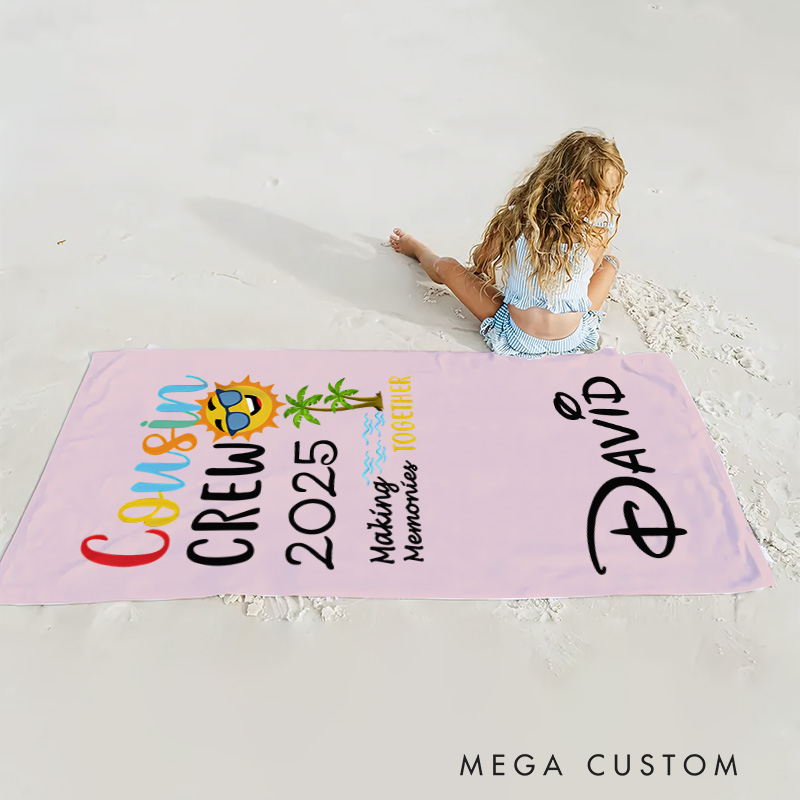 Personalized Multicolor Cousin Crew Kids Beach Towel with Name Travel Essential Birthday Summer Vacation Gift for Kids
