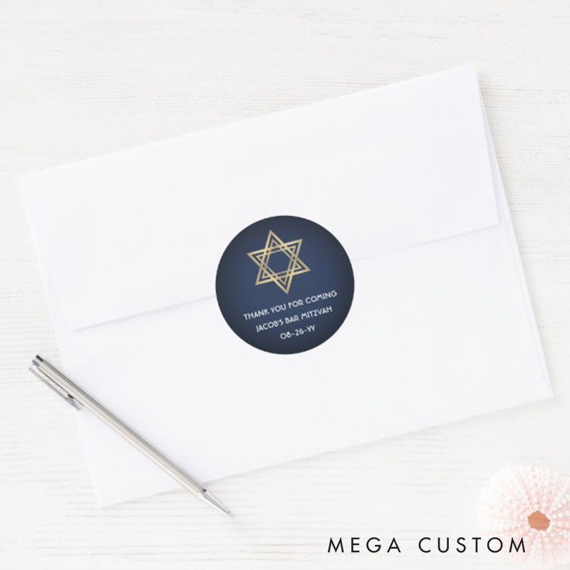 Personalized Bar Mitzvah Elegant Star of David Navy Blue & Gold Classic Round Sticker with Name and Date Religious Gift Bar Mitzvah Gift