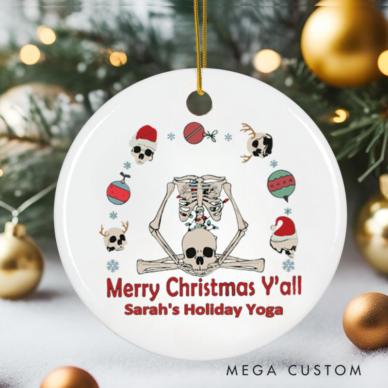 Personalized Christmas Ornament with Merry Christmas Y'all Yoga Skeleton Design Christmas Ornament Gift for Yoga Lover