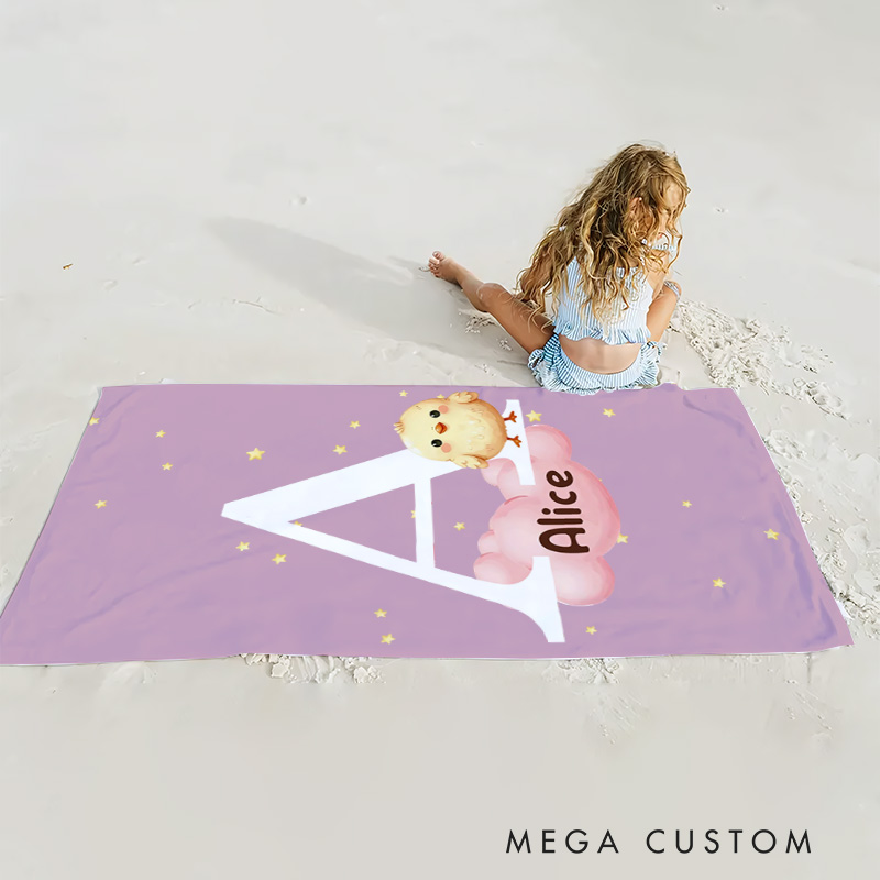 Personalized Multicolor Cloud Star Forest Animal Kids Beach Towel with Initial and Name Birthday Gift for Boys Girls
